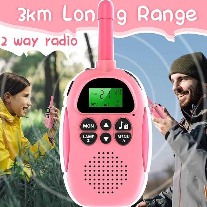 Walkie Talkies for Kids, 2 Pack Rechargeable Kids Walkies Talkies, 3km Long Range, Indoor Outdoor Toys for Outside, Camping, Hiking Family Games, Toys for Boys Girls Ages 3-12 (Blue + Pink)