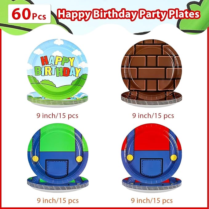 60Pcs Super Theme Brother Birthday Paper Plates 9" Heavy Duty Disposable Bros Theme Dessert Platters Cartoon Video Games Party Decorations Favors for Boys Kids Baby Shower Bro Birthday Party Supplies