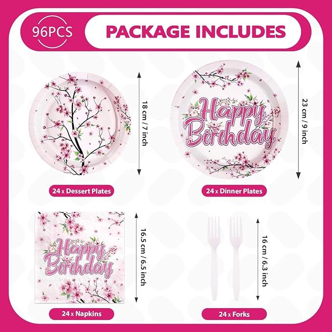 96 Pcs Cherry Blossom Birthday Party Decorations Disposable Japanese Sakura Themed Party Paper Plates and Napkins Pink Flowers Tableware Set for Birthday Baby Shower Wedding Bridal Supplies