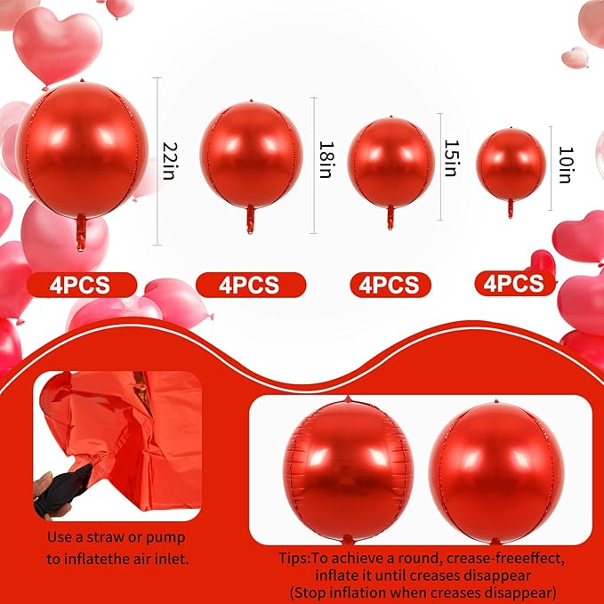 TONIFUL 16Pcs Large Red 4D Giant Round Foil Balloon 4D Mirror Metallic Mylar Sephere Balloons for Christmas New Year Birthday Party Graduation Wedding Baby Shower Decoration Supplies(Mix Sizes)