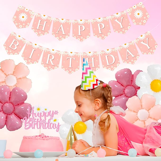 ZHENGYE Pink Daisy Flower Party Decorations Set With Happy Birthday Banner Cake Topper 6 Pcs Daisy Balloon Flower Theme Party Wedding Baby Shower Girl Women Birthday Party Décor