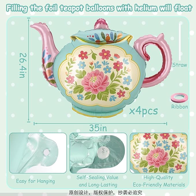 4 Pcs Tea Party Balloons, 35" Huge Teapot Aluminum Foil Balloons for Birthday, Baby Shower, Wedding, Bridal, Engagement, Bachelorette, Princess, Let's Par Tea Garden Party Decorations Supplies