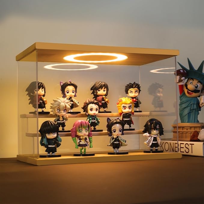 Acrylic Display Case with Adjustable LED Light, 3 Tier Clear Display Box Dustproof Showcase for Action Figures, Collectibles and Mini Toys, Assembly Display Cabinet(Wood 12.5×6.7×9in)
