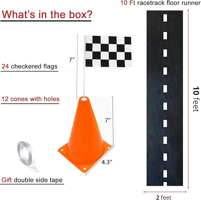7inch Orange Racing Traffic Cones With Holes on Top,Checkered Flags,Racetrack Floor Runner,Race Car Birthday Party Supplies,Racing Car Table Centerpiece Decorations 38PCS