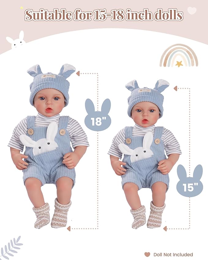 BABESIDE 4-Piece Baby Doll Clothes for 15-18 Inch Dolls, Doll Outfit Accessories with Bunny Pattern fit Baby Dolls, Pretend Play Accessories Gift for Boys & Girls,Blue