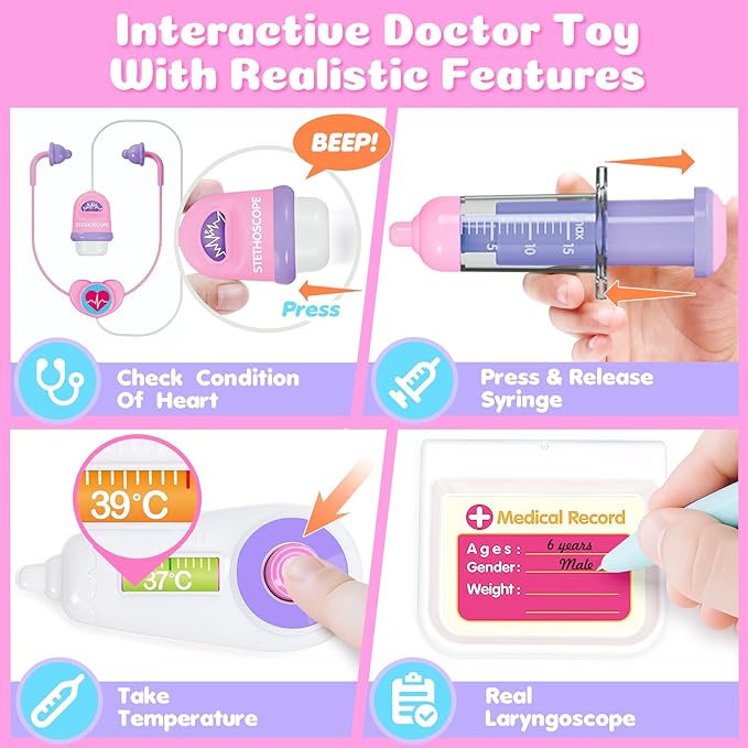 BainGesk Doctor Kit for Girls 3 Years Old, Doctor Tablet with Music & Sound, Pretend Play Doctor Set with Stethoscope, Doctor Dress Up Gifts for Kids Toddlers Ages 3-6 Years Old