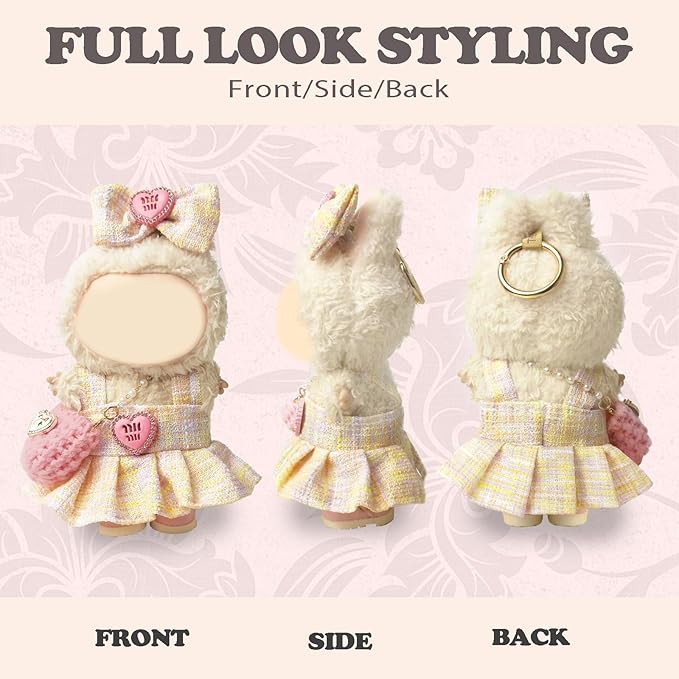Clothes Compatible with LABUBU – Blue & White Tweed Dress with Bow, Bracelet & Shoes | 4PCS Couture-Inspired Outfit for 8-Inch Dolls (Blush Tweed Belle)
