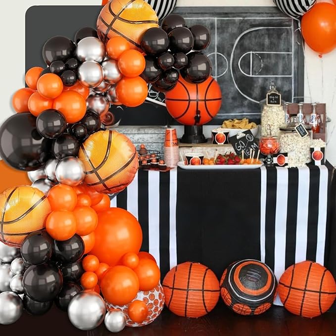 Basketball Balloons Garland Kit – Orange Black Silver Metallic Balloons with Basketball Foil Balloons for Sports Theme Birthday Party Decorations