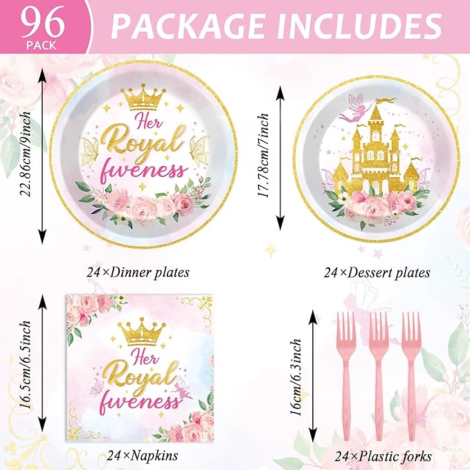 CHUNNIN 96Pcs Princess 5th Birthday Plates and Napkins Her Royal Fiveness Decorations Princess Party Dessert Plates Rainbow Castle Tableware for 24 Guests 5th Theme Girl Baby Shower Party Supplies
