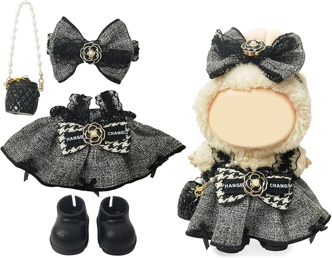 Clothes Compatible with LABUBU Doll – 4PCS Houndstooth lace Dress Set, 17cm Doll Clothes Designer Outfit for Urban Chic Theme, Classic Stylish Accessories for Labubu, No Doll (Houndstooth Rebel)