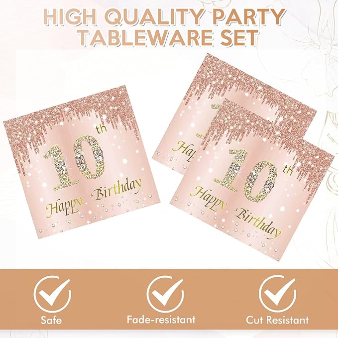 40PCS 10th Birthday Decorations for Happy 10 Years Party Tableware Set Including 10th Birthday Party Plates and Napkins,Rose Gold 10 Years Old Table Decor for Girls Pink Rose Gold Party Supplies