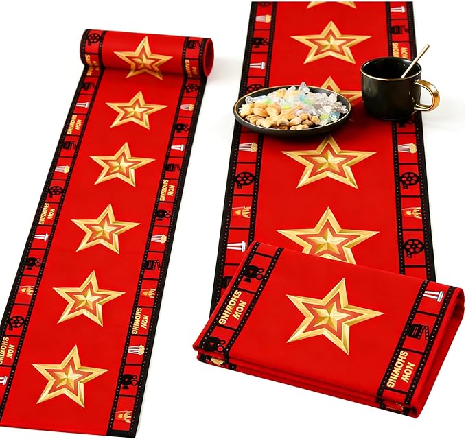 2 Pcs 13 x 72 Inch Movie Night Table Runner for Movie Night Decorations Supplies Birthday Party Decorations Movie Theme Party Decorations with Gold Star Design