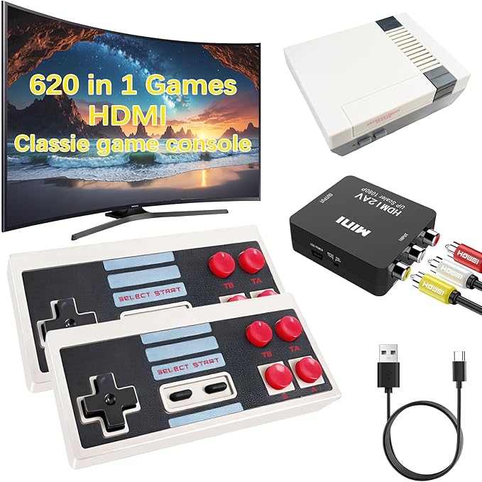 Classic Mini Retro Game Console Built in 620 Video Games,Av and HDMI Output Plug and Play Game System with Dual Wireless Controllers.