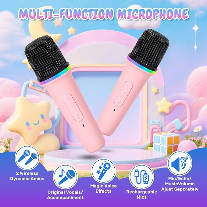 Mini Karaoke Machine with 2 Wireless Microphones, Portable Bluetooth Speaker for Kids & Adults, Ideal Birthday for Girls Boys Ages 3-12, Home Party Travel Entertainment Toy(Pink)
