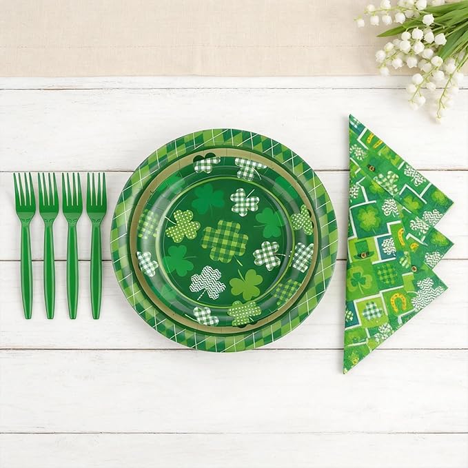 St. Patrick’s Day Tableware Set, 96 Pcs Lucky Green Shamrock Disposable Dinnerware with Paper Plates, Napkins, and Forks for St Patrick Day, Irish Party Supplies- Serves 24