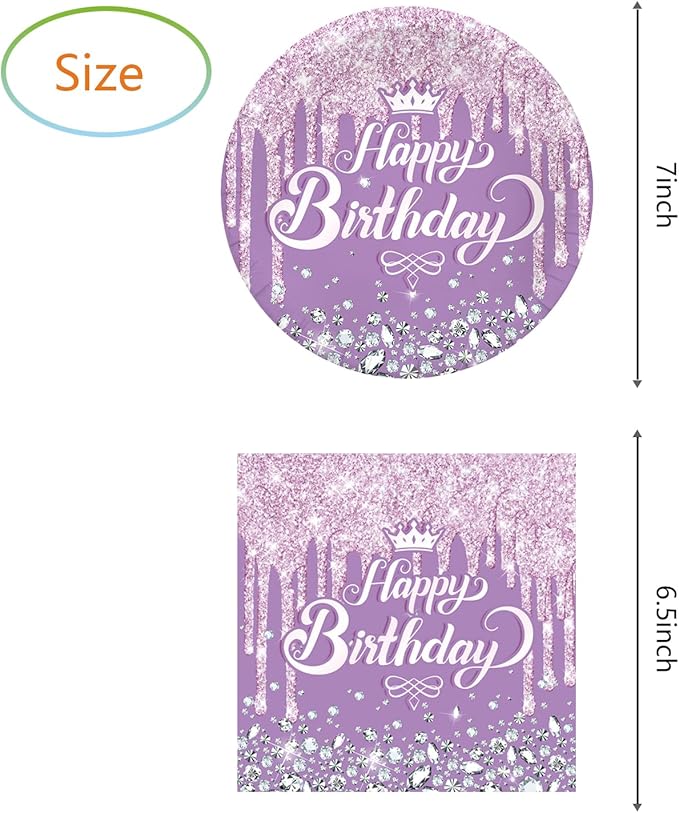 Purple Birthday Party Supplies, include 20 Plates and 20 Napkins, Purple Theme Birthday Party Decorations for Girl Women Wedding Bday Party Supplies