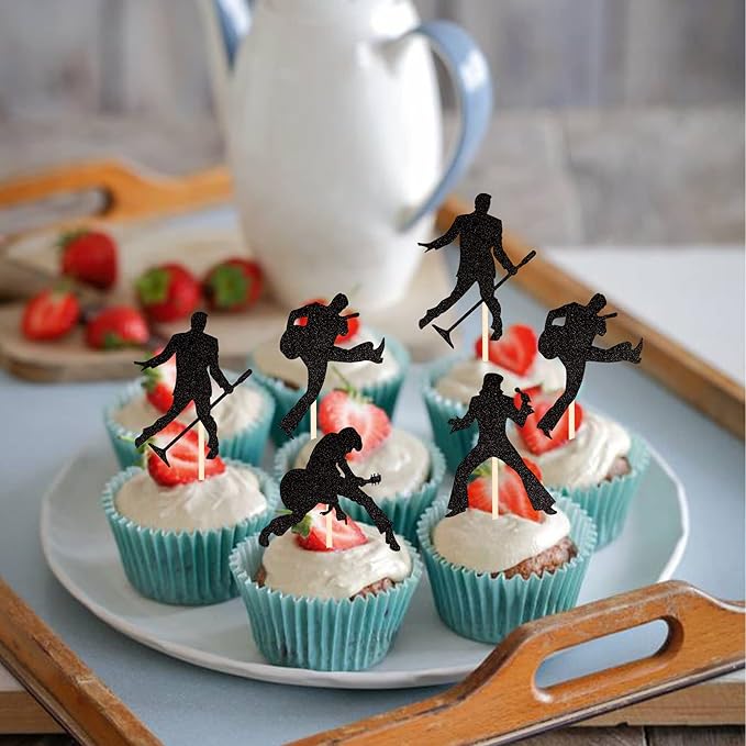 24 PCS Rock Band Cupcake Toppers Black Glitter Rock Pop Music Theme Cupcake Picks Music Concert Theme Birthday Party Cake Decorations Supplies