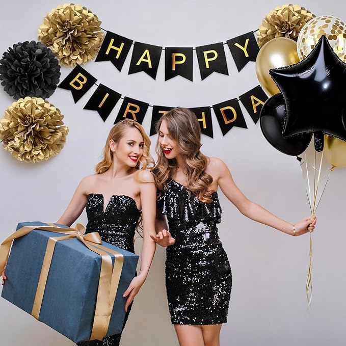 Birthday Decorations for Men Gold and Black Party Decor Supplies Boy Including Happy Birthday Banner Confetti Latex Balloon Foil Balloon and Ribbon