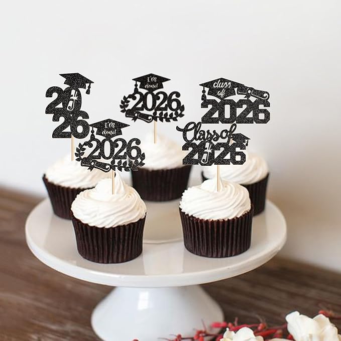 Graduation Cupcake Toppers 2026 Food/Appetizer Picks For Graduation Party Mini Cake Decorations 2026 Cupcake Toppers 24 Pcs (black)