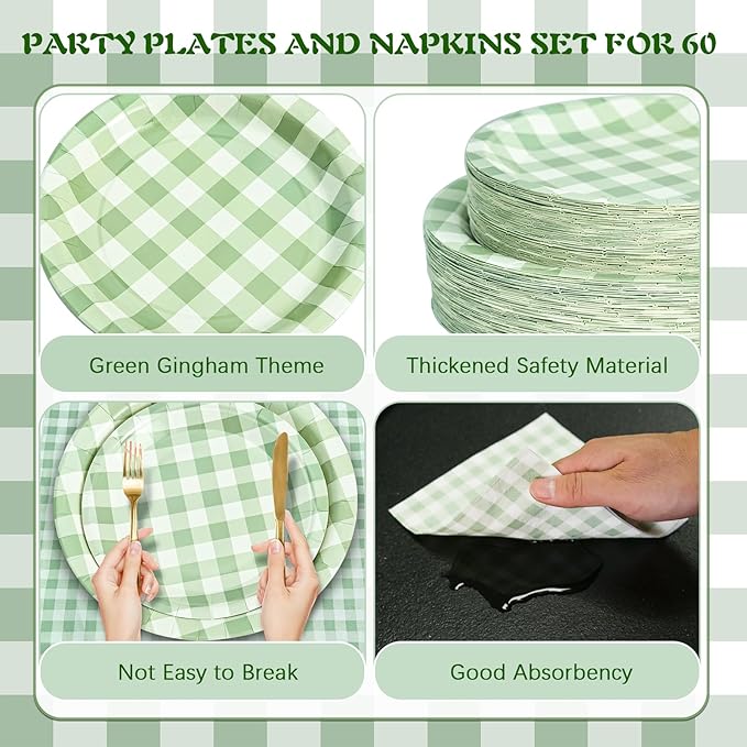 180Pcs Green Gingham Party Supplies Paper Plates and Napkins Serve 60 Disposable Tableware Set for Birthday Party Decorations Game Day Family Holiday Sports Events