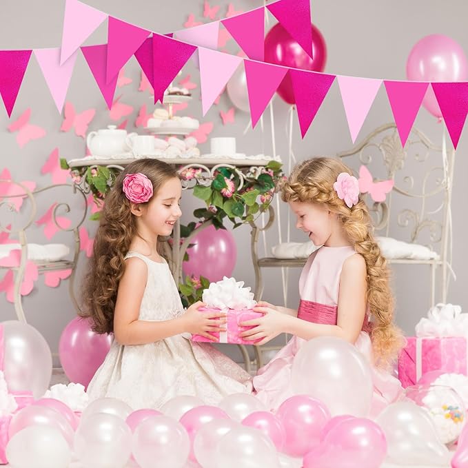 Tiamon 5 Pcs Pink Birthday Banner Decoration Hot Pink Pennant Bunting Garland 49.2 ft Glitter Triangle Flag for Bachelorette Wedding Bridal Shower Anniversary Flamingo Theme Party Supplies