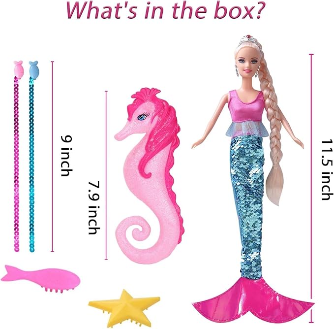 Bettina Princess Doll & Seahorse Set, Color Change Tail, 11.5 Inch Mermaid Doll, Toys for Girls & Kids