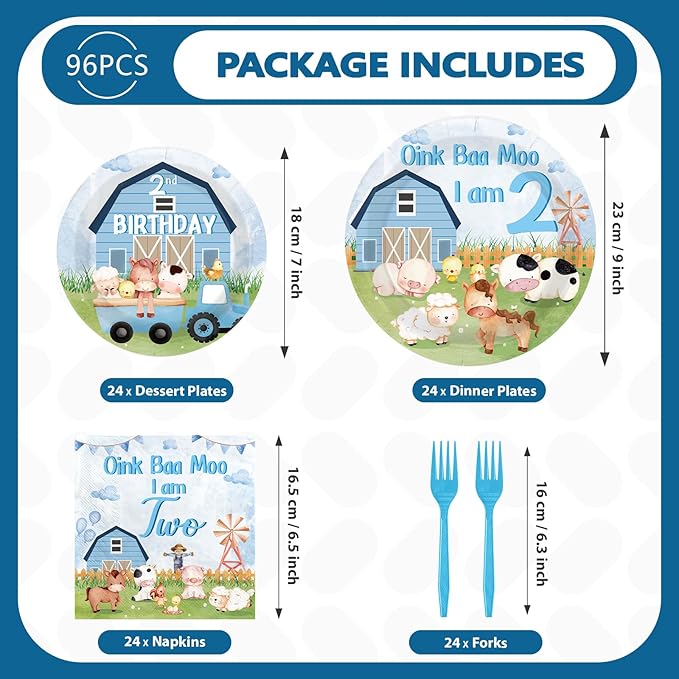 96Pcs Oink Baa Moo Im Two Party Supplies Farm Animal 2nd Birthday Plates and Napkins Farm House Animal Barnyard Theme Tableware Set for Boy Girl 2 Year Old Birthday Party Supplies，Serves 24