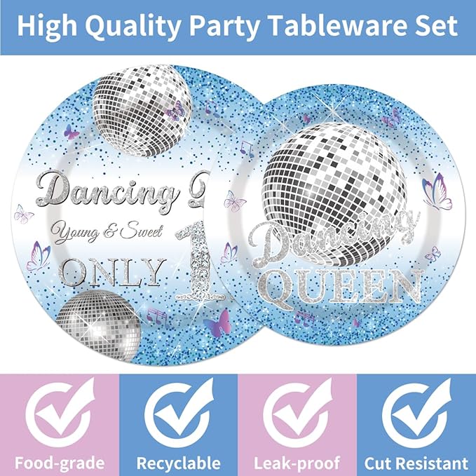 96Pcs Dancing Queen 17th Birthday Disposable Tableware Set - Dancing Queen Happy 17th Birthday Paper Plates Napkins Forks Blue Disco 17 Years Old Party Supplies Serve 24 Guests