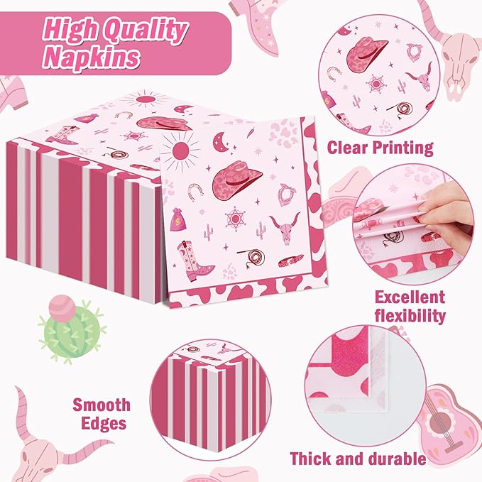 96Pcs Western Cowgirl Party Supplies Paper Plates Napkins Pink Cowgirl Bachelorette Cactus Party Tableware Set Wild West Rodeo Birthday Decorations Favors for Kids Baby Shower Farm Decor Serves 24