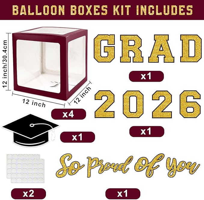 Graduation Decorations Class of 2026 - Maroon and Gold Graduation Decorations - Balloons Boxes with Letters 2026 GRAD So Proud of You, Congrats Grad Party Decorations for Any Grades