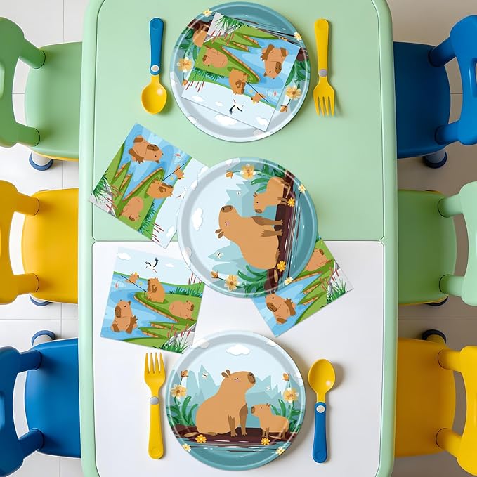 Rakuto Capybara Birthday Party Decorations - 50PCS Disposable Capybara Plates and Napkins Decor, Cute Animals Themed Dinnerware Set Party Favors Tableware Supplies Serve 25
