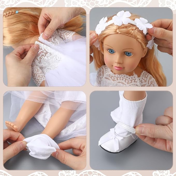 7 Pcs 18 Inches American Doll Clothes Outfit First Communion Dress with Matching Headband Veil Bracelet Shoes Socks Necklaces Fit 18 Inches Dolls, Doll Not Included(Floral Headband)