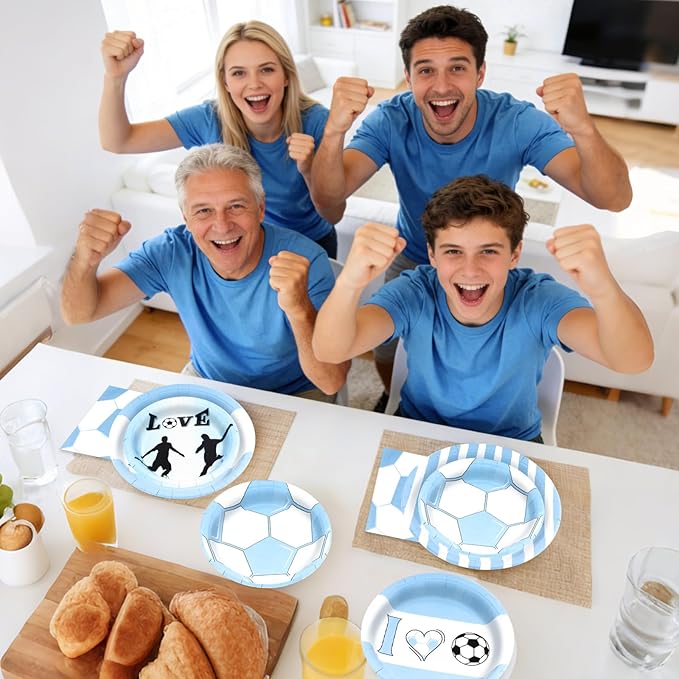 180Pcs Blue Soccer Party Supplies Paper Plates and Napkins Serve 60 Disposable Tableware Set for Birthday Party Decorations Game Day Family Holiday Sports Events