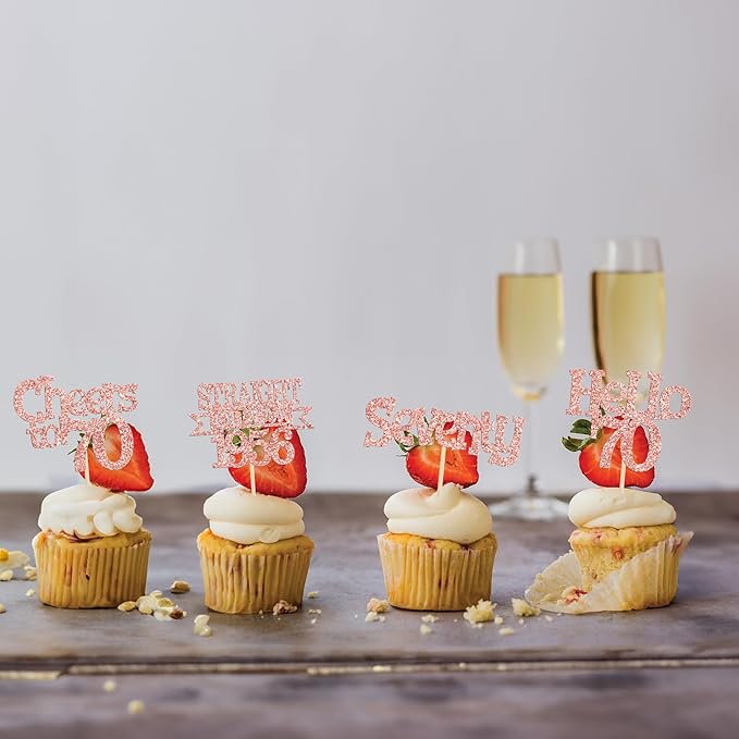 Ephlyn 24Pcs Happy 70th Birthday Cupcake Toppers Glitter Straight Outta 1956 Cupcake Picks Hello 70 Cheers to 70 Years Birthday Cake Decorations for 70th Birthday Anniversary Party Supplies Rose Gold