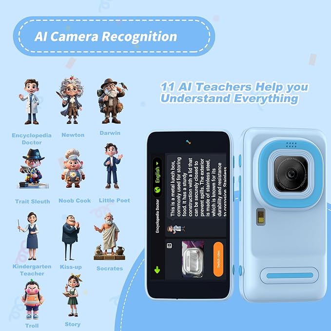 AI Kids Camera for 3–11 Year Old Boys and Girls, AI Learning Digital Video Camera with with Object Recognition, Best Birthday, WiFi Kids Toy Camera 16GB(Blue)