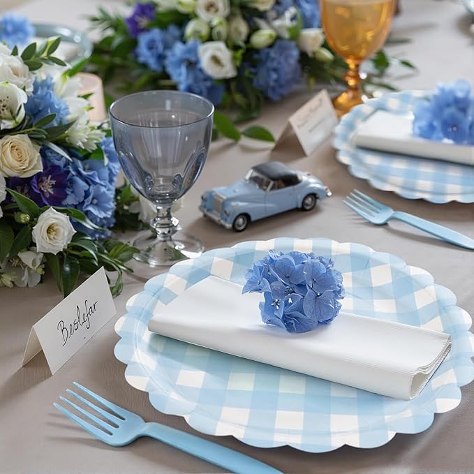 96Pcs Blue Gingham Plates and Napkins Forks Lace Plaid Paper Plates for 24 Guest Picnic Wedding Baby Shower Tea Kids Birthday Party Supplies Decrations