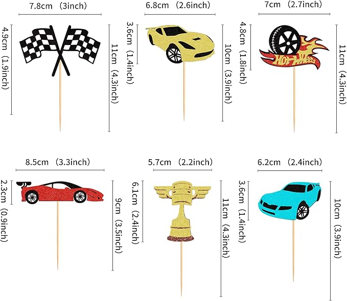 24PCS Race Car Cupcake Toppers Sparkling Trophy Flag Racing Cake Selected Racing Theme, Car Theme Party Supplies Baby Shower Boy Birthday Party Cake Decoration Supplies