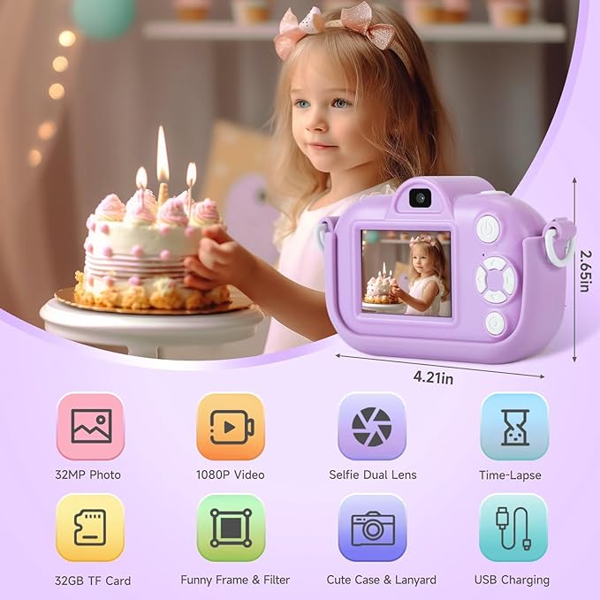 Kids Camera Toys for 3 Year Old Girls, Toddler Camera Age 4-8, Kid Digital Cameras with 32GB SD Card, Toy for Toddlers Age 5 6, Toy for Kid