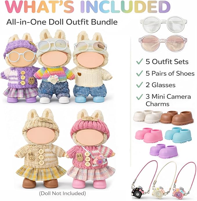 17cm Doll Clothes Outfit Set, 5 Cozy Knit Outfits with Hats, Skirts, Shorts and Doll Accessories, Perfect for Play and Display, Doll Accessories for Collectors (No Dolls)