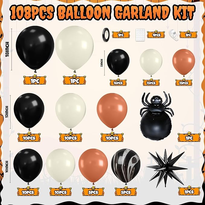 Halloween Balloon Arch Garland Kit, Black Retro Orange White Black Marble Balloons with Spider Star Foil Balloons for Halloween Baby Shower Party Decorations Cosplay Theme Party