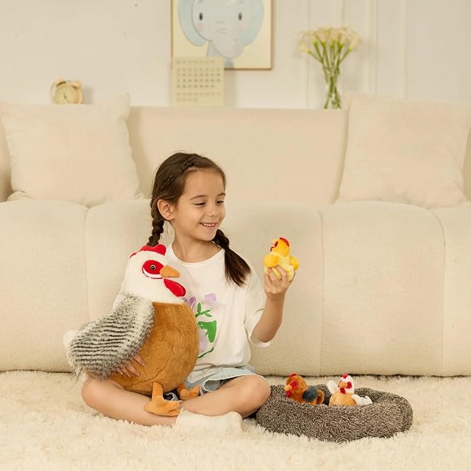 8Pcs Easter Chicken Stuffed Animal, Stuffed White Hen with Little Baby Chicks and Coop, Plush Toys for Kids, Hit of Christmas Farm Party
