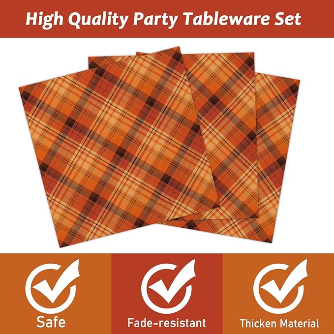 gisgfim 96 Pcs Thanksgiving Fall Orange Plaid Party Supplies Paper Plates Napkins Autumn Party Disposable Tableware Birthday Decorations Favors Serves 24