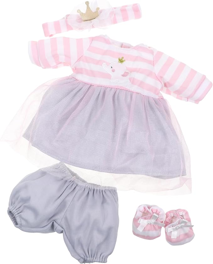 JC Toys | Berenguer Boutique | Baby Doll Outfit | Pink Striped Dress with Tulle Skirt, Shorts, Headband, and Booties, Fits Dolls 14"- 16"