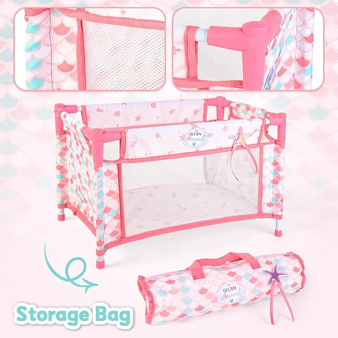 deAO Baby Doll Stroller Crib Bed Nursery Role Play Set Baby Doll Accessories and Play Mat,Travel Cot,Foldable Stroller and Travel Bag Birthday for Girls Boys Kids
