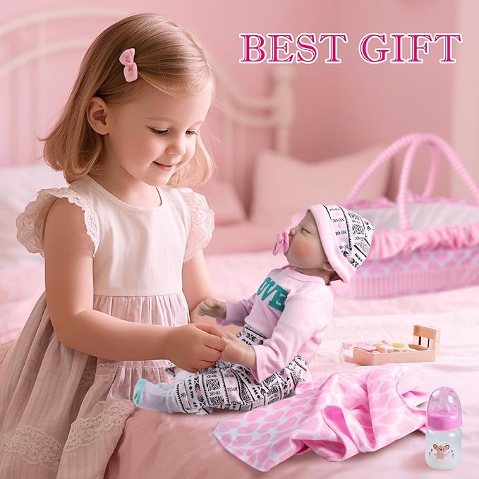 PEDOLLTREE 12 Pcs Reborn Baby Dolls Clothes Girl Outfit Accessories for 17-22 Inch Reborn Doll Newborn Girl with Pink Love Heart Bassinet