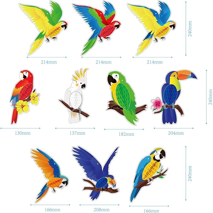 Blulu 10 Pieces Tropical Birds Honeycomb Paper Cutouts, Parrot Honeycomb, Hawaiian Summer Beach Luau Party Hanging Decorations for Tiki Bar Luau Summer Party Home Classroom Supplies