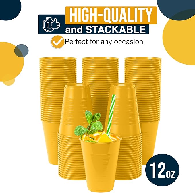 Exquisite Party Solids 12 Oz Yellow Plastic Cups For Party Supplies 50 Pack | Yellow Disposable Cups Plastic | Disposable Drinkware For Parties, Events & Everyday