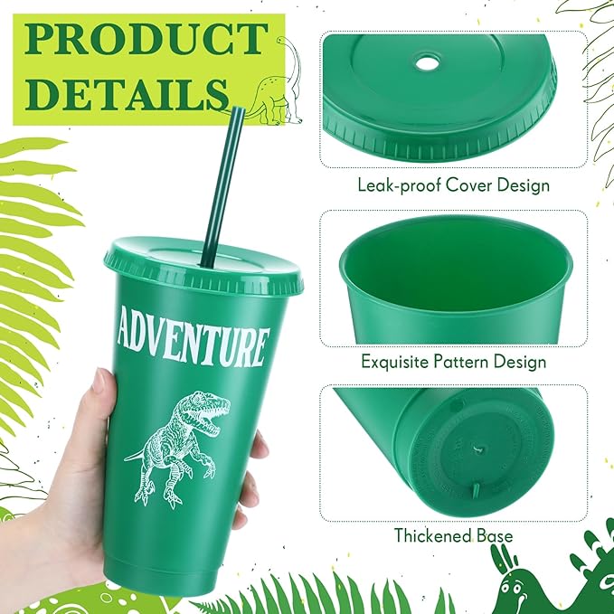 Mifoci 24 Pcs Dinosaur Party Favor 24 oz Plastic Cup with Lids and Straws Set Kids Reusable Dinosaur Cup Decorations for Beverage Birthday Party Dino Supplies (Colorful)