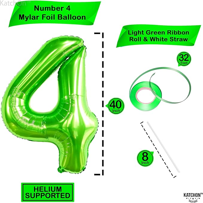 KatchOn, Light Green Number 4 Balloons - 40 Inch | Green 4 Balloon Number for Birthday Party Decorations | Lime Green Balloon for Dinosaur Birthday Decorations 4 Year Old Boy | Anniversary Decoration
