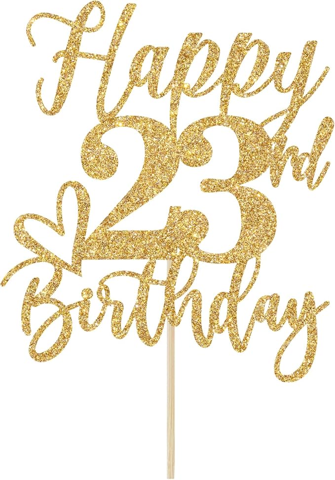 Gold Glitter Happy Birthday Cake Topper, Funny 23rd Birthday Party Supplies